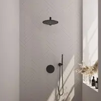 Brauer Black Carving thermostatische inbouw regendouche 3-weg rond SET 74 met 30 cm douchekop en rechte muurarm en staaf handdouche en doucheslang en wandaansluitbocht mat zwart