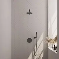 Brauer Gunmetal Edition thermostatische inbouw regendouche 3-weg rond SET 73 met 20 cm douchekop en rechte muurarm en staaf handdouche en doucheslang en wandaansluitbocht gunmetal geborsteld PVD