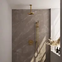 Brauer Carving Inbouw Regendoucheset 3-weg Rond - 20cm Hoofddouche - Plafondarm - Staafhanddouche - Glijstang - Geborsteld Goud PVD - Messing - Kranen, Douchekranen, Douchesets, Inbouw douchesets