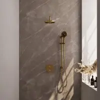 Brauer Gold Carving thermostatische inbouw regendouche 3-weg rond SET 93 met 20 cm douchekop en gebogen muurarm en 3-standen handdouche en doucheslang en geïntegreerde glijstang goud geborsteld PVD