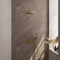Brauer Edition Inbouw Regendoucheset 3-weg Rond - 20cm Hoofddouche - Gebogen Wandarm - Staafhanddouche - Wandhouder - Geborsteld Goud PVD - Messing - Kranen, Douchekranen, Douchesets, Inbouw