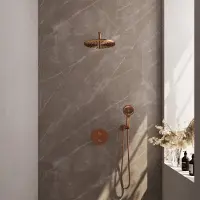 Brauer Edition Inbouw Regendoucheset 3-weg Rond - 30cm Hoofddouche - Gebogen Wandarm - 3 Standen Handdouche - Wandhouder - Geborsteld Koper PVD - Kranen, Douchekranen, Douchesets, Inbouw douchesets
