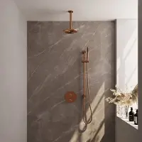 Brauer Copper Carving thermostatische inbouw regendouche 3-weg rond SET 89 met 20 cm douchekop en plafondarm en staaf handdouche en doucheslang en geïntegreerde glijstang koper geborsteld PVD