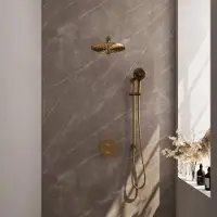 Brauer Gold Carving thermostatische inbouw regendouche 3-weg rond SET 92 met 30 cm douchekop en rechte muurarm en 3-standen handdouche en doucheslang en geïntegreerde glijstang goud geborsteld PVD