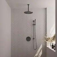 Brauer Gunmetal Edition thermostatische inbouw regendouche 3-weg rond SET 90 met 30 cm douchekop en plafondarm en staaf handdouche en doucheslang en geïntegreerde glijstang gunmetal geborsteld PVD