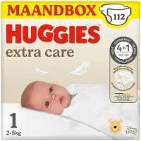 Huggies Extra Care baby luiers, Maat 1 (2 tot 5 kg), 112 luiers met vochtindicator en Disney designs, Maxi Pack