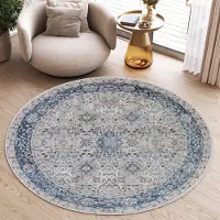 Tapiso Valley Rond Vloerkleed Blauw Laagpolig Vintage Tapijt Maat- 80x80