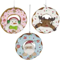 Christmas paradise - Kerstboom decoratie - Set van 3 - Donuts Sneeuwpop Kerstman en Rendier - Ornament - 9 cm - Kerstboom Versiering - Kersthangers - Kerstbal