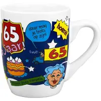 Merkloos Cartoon cadeau mok/beker Hoera 65 jaar verjaardag / versiering 300 ml - feest mokken