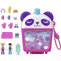Mattel Poppen en speelset, Bubble Tea Panda Compact, dierenspeelgoed met 2 micropoppen, huisdierpanda, voedselaccessoires