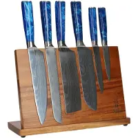 Shinrai Japan Epoxy Sapphire Damascus Print 6-Delige Messenset + Acacia houder enkelzijdig