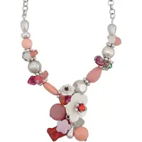 Behave Ketting - Statementketting - Dames - Vintage Zilverkleur - Rood - Oud Roze - Witte Bloemvormige Schelp - Natuursteen - 60 cm