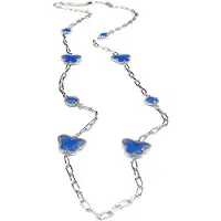 Sophie lange zilveren halsketting collier halssnoer gerhodineerd Model Vlinder en Bol met blauwe stenen