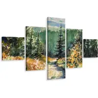 Karo-art Schilderij - Geschilderd bos (print op canvas), 5luik, premium print