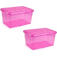 PlasticForte opslagbak organizers met deksel - 4x - transparant/roze - 60 liter - kunststof