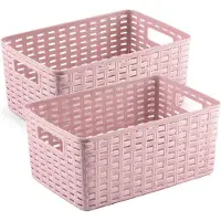 PlasticForte 4x stuks rotan gevlochten opbergmand/opbergbox kunststof - Oud roze - 19 x 29 x 13 cm - Kast mandjes