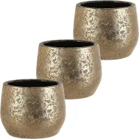Mica Decorations Bloempot - Set van 3x stuks - goudkleurig - keramiek - 19 x 15 cm - plantenpotten