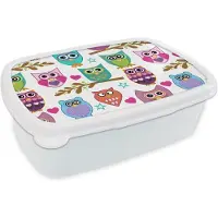 MuchoWow Broodtrommel Wit - Lunchbox - Brooddoos - Design - Uilen - Dieren - 18x12x6 cm - Volwassenen