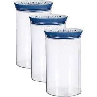 Stefanplast 5x stuks voorraadpot/bewaarpot transparant/blauw met deksel L12xB12xH18 cm - 1200 ml - Kunststof voorraadpotten