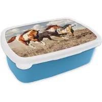 MuchoWow Broodtrommel Blauw - Lunchbox - Brooddoos - Paarden - Dieren - Gras - Vacht - 18x12x6 cm - Kinderen - Jongen