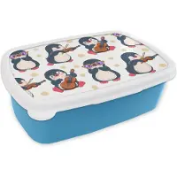 MuchoWow Broodtrommel Blauw - Lunchbox - Brooddoos - Pinguïn - Muziek - Gitaar - Kinderen - Patroon - 18x12x6 cm - Kinderen - Jongen