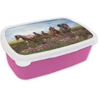 MuchoWow Broodtrommel Roze - Lunchbox Paarden - Bloemen - Roze - Brooddoos 18x12x6 cm - Brood lunch box - Broodtrommels voor kinderen en volwassenen