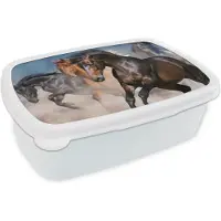 MuchoWow Broodtrommel Wit - Lunchbox Paarden - Stof - Woestijn - Brooddoos 18x12x6 cm - Brood lunch box - Broodtrommels voor kinderen en volwassenen