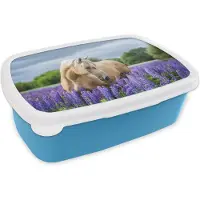 MuchoWow Broodtrommel Blauw - Lunchbox - Brooddoos - Paard - Bloemen - Paars - 18x12x6 cm - Kinderen - Jongen