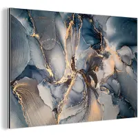 MuchoWow Wanddecoratie Metaal - Aluminium Schilderij Industrieel - Marmer - Grijs - Blauw - Luxe - Goud - 180x120 cm - Dibond - Foto op aluminium - Industriële muurdecoratie - Voor de woonkamer/slaapkamer