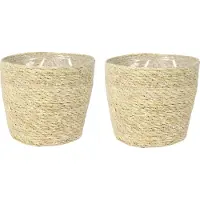Ter Steege Plantenpot - Set van 3x stuks - beige - gevlochten zeegras - 18 x 16 cm - plastic binnenkant