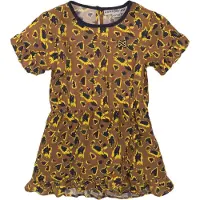 Koko Noko jurk met all over print en ruches camel/zwart/geel Bruin Meisjes Viscose Ronde hals - 104