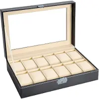 Intirilife horlogekastje met 12 vakjes horlogekastje met glazen deksel in zwart - 30 x 20 x 8 cm - vitrinekast
