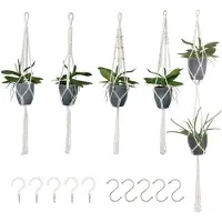 Intirilife set van 5 macrame hangende bloempotten in wit met ophangsysteem - plantenhanger, plantenhouder