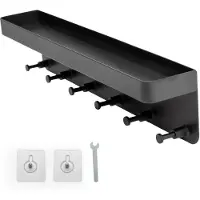 Intirilife sleutelhouder met plank in zwart - zelfklevend - haakstrip voor aan de muur met 6 haken en plank