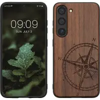 Kwmobile telefoonhoesje geschikt voorSamsung Galaxy S23 - Hoesje met bumper - hout - In donkerbruin Vintage Kompas design