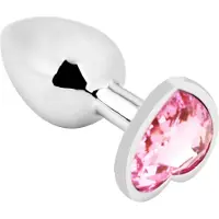 PLGZ - Hartvormige Metalen Buttplug - Zilver - Roze Siersteen - Verkrijgbaar in 3 maten Medium
