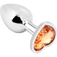 PLGZ - Hartvormige Metalen Buttplug - Zilver - Oranje Siersteen - Verkrijgbaar in 3 maten Small