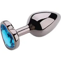 PLGZ - Hartvormige Metalen Buttplug - Zwart Metallic - Blauwe Siersteen - Verkrijgbaar in 3 maten Small