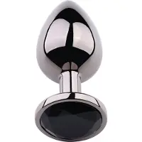 PLGZ - Rosebud Metalen Buttplug - Zwart Metallic - Zwarte Siersteen - Verkrijgbaar in 3 maten Large