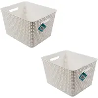 Merkloos Ruime Kunststof Opbergmanden Set van 2 Witte Mand Zonder Deksel 36cm x 29.5cm x 22cm 17L Opberger voor Speelgoed