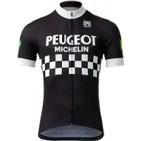 Santini Retro Peugeot Heren fietsshirt zwart wit met korte mouwen en volledige rits -M