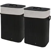 Storage solutions Wasmand - 2x - bamboe hout - met deksel - zwart - 40 x 30 x 60 cm - 70 liter - opvouwbaar