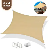 FOXLY Schaduwdoek Rechthoek 3 x 4 Meter Crème - HDPE Materiaal - Incl. Touw en Karabijnhaken - Schaduwdoeken - Schaduwnet - Zonwering