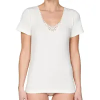 Entex dames thermo shirt korte mouw met kant - Wollen thermisch ondergoed dames - Crème / L - Creme