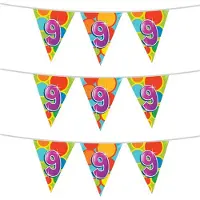 Witbaard 3x stuks leeftijd verjaardag thema vlaggetjes 9 jaar plastic 10 meter - Vlaggenlijnen