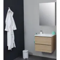 Bewonen Luuk Badmeubel - 60cm - Acryl Wastafel - Zonder Kraangat - Eiken - Met Spiegelkast - Badkamermeubels, Badmeubel Sets - 8718835153779