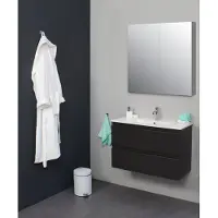 Basic Line Bella Badkamermeubelset - 80x55x46cm - 1 wasbak - Keramiek - Wit - 1 kraangat - Spiegelkast zonder verlichting - Melamine Antraciet mat SWGA80MAP1SPK