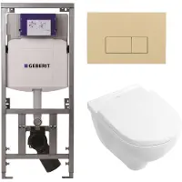 Villeroy & Boch O.novo Toiletset - Geberit inbouwreservoir - diepspoel wandcloset - softclose - bedieningsplaat beige - rechthoekige knoppen - wit 0701131/0124124/0124182/SW1102366