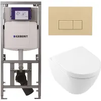Villeroy & Boch Subway 2.0 compact DirectFlush Toiletset - Geberit reservoir - softclose - quickrelease - bedieningsplaat beige - rechthoekige knoppen - wit 0701131/1024232/SW1102366/1025456/