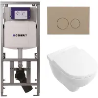 Villeroy & Boch O.novo toiletset met Geberit inbouwreservoir met diepspoel wandcloset wit soft close zitting en bedieningsplaat taupe met ronde knoppen wit 0701131/0124124/0124182/SW1102378/